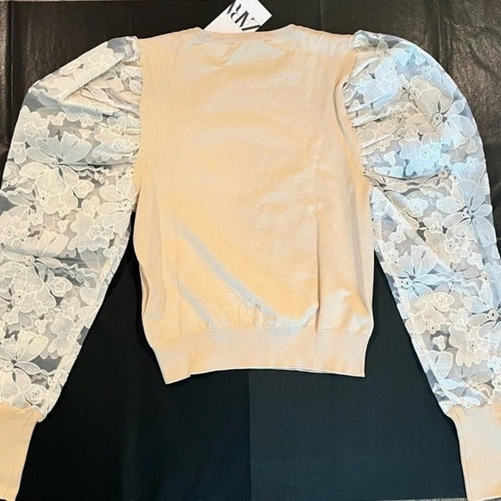 ZARA Beige Knit Sweater Top NWT Floral Lace Puff Sleeve Romantic Blouse L - Picture 16 of 16